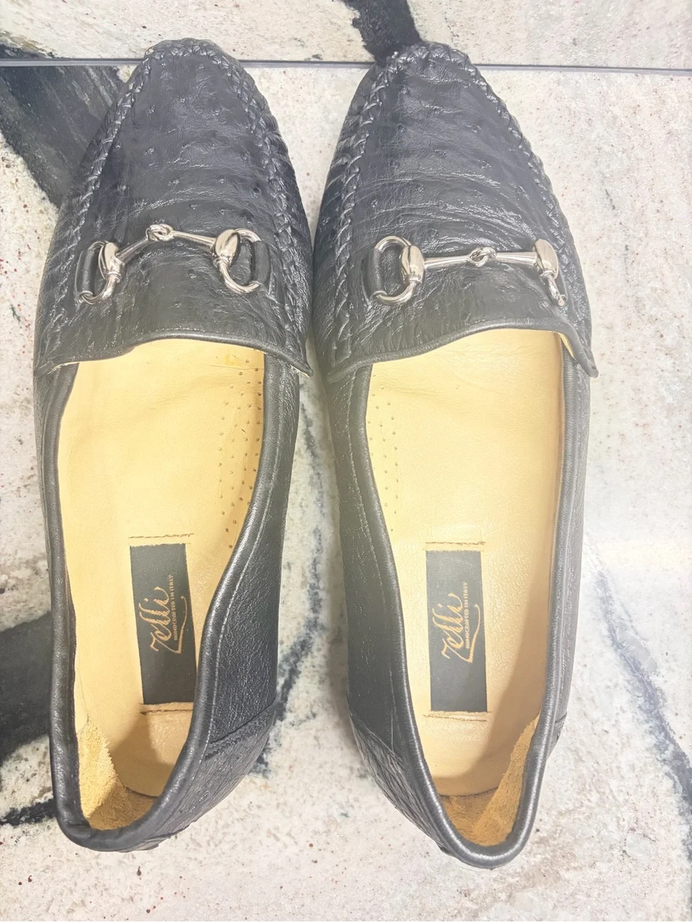 Zelli Genuine Ostrich Leather Bit Loafers Black Women’s 8M Made in Italy